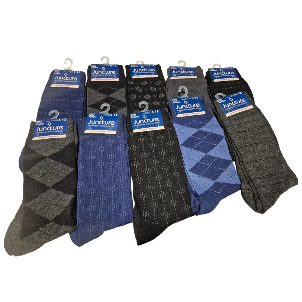 Juncture Mens Fashion Socks 10 Pair Lot Argyle Geometric Dress Socks Size 6-12